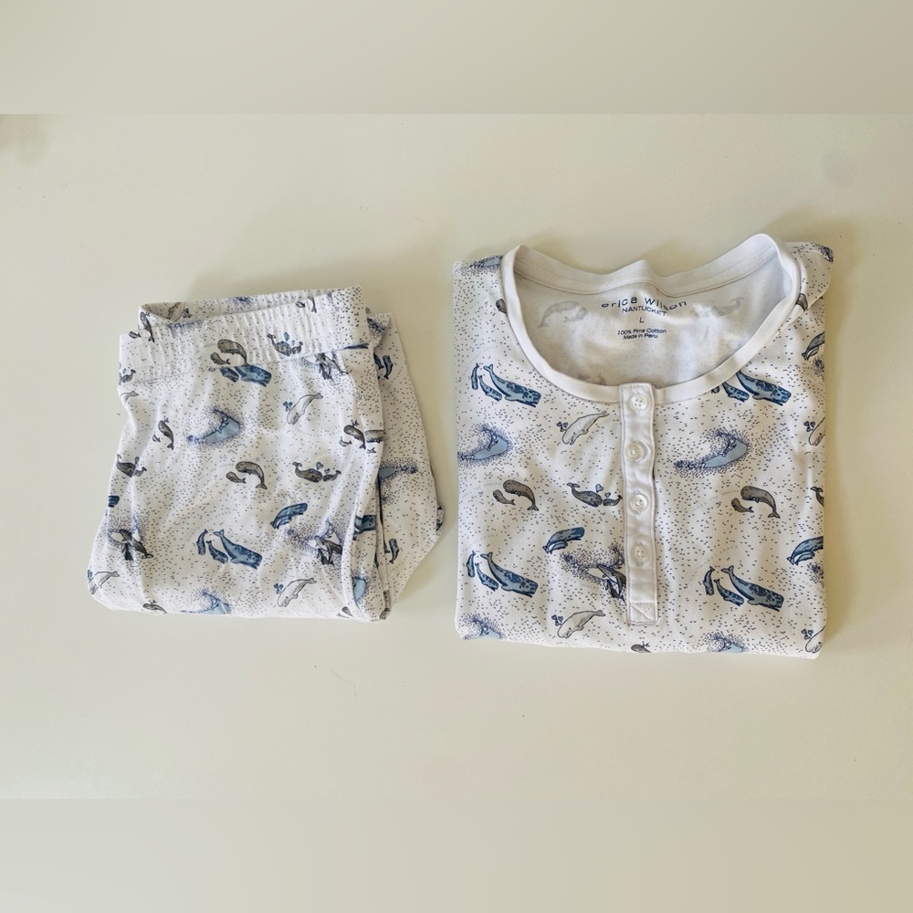 COTTON JEWEL Women's Printed Two-Piece Pajama Set in White and Blue